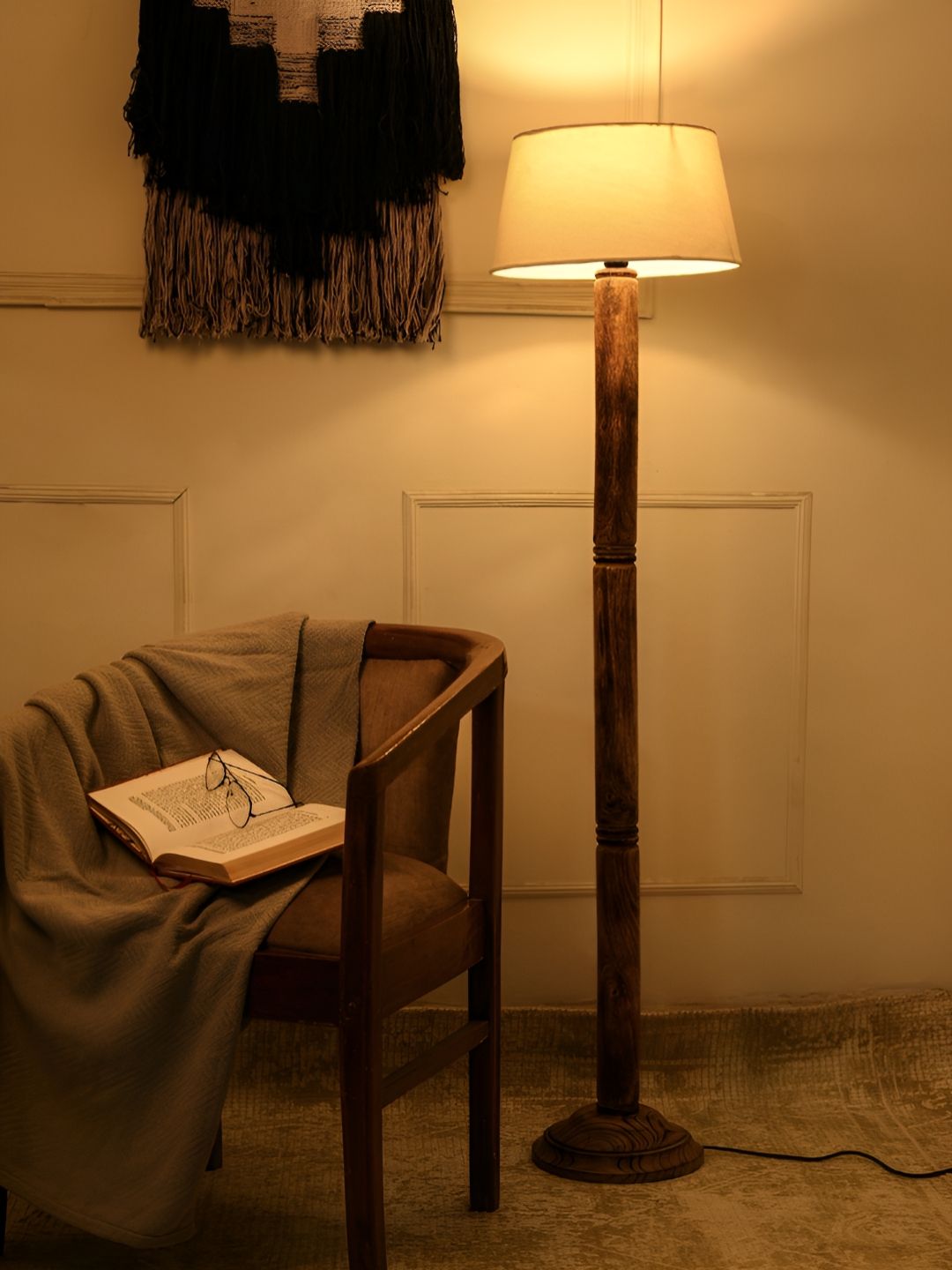 green girgit Brown & White Wooden Frustum Shaped Floor Lamp-image-19