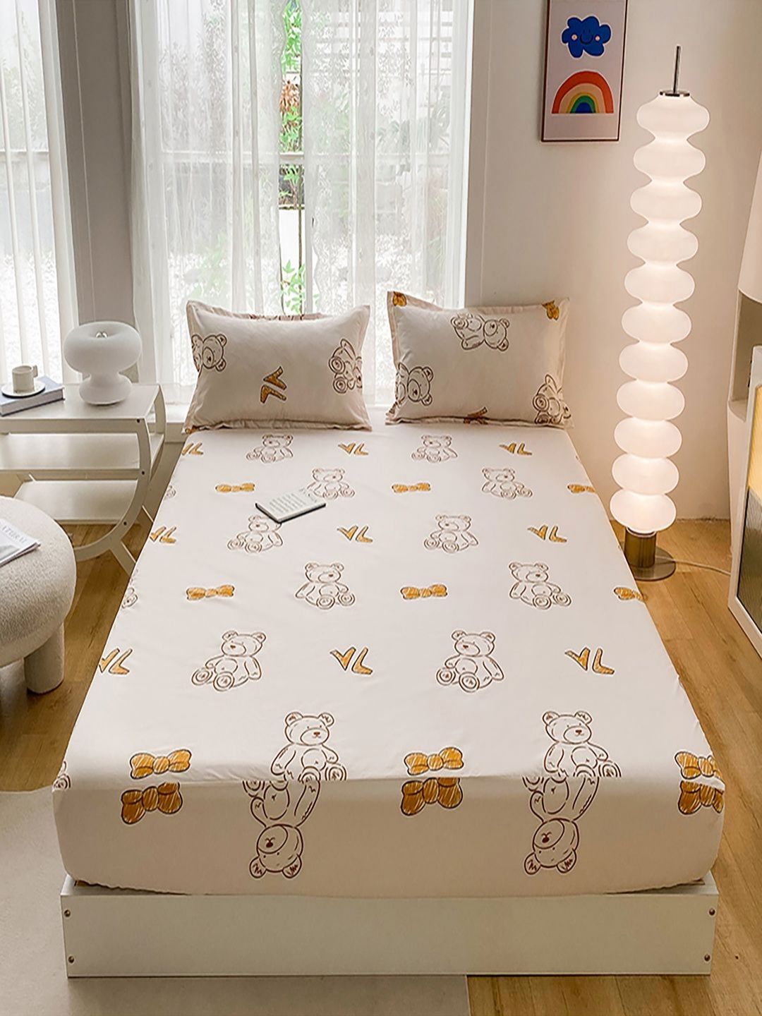 JC HOME White & Brown Cartoon Characters Cotton 140 TC King BedsheetSet 2.43m x 2.64m-picture-29