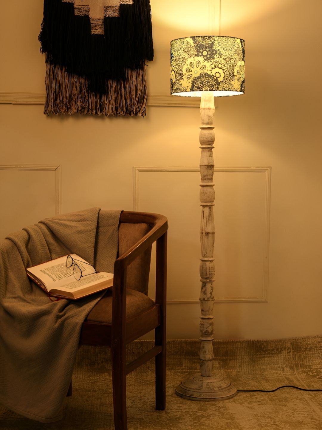 green girgit White & Blue Printed Wooden Jute Cylinder Shaped Floor Lamp-image-27