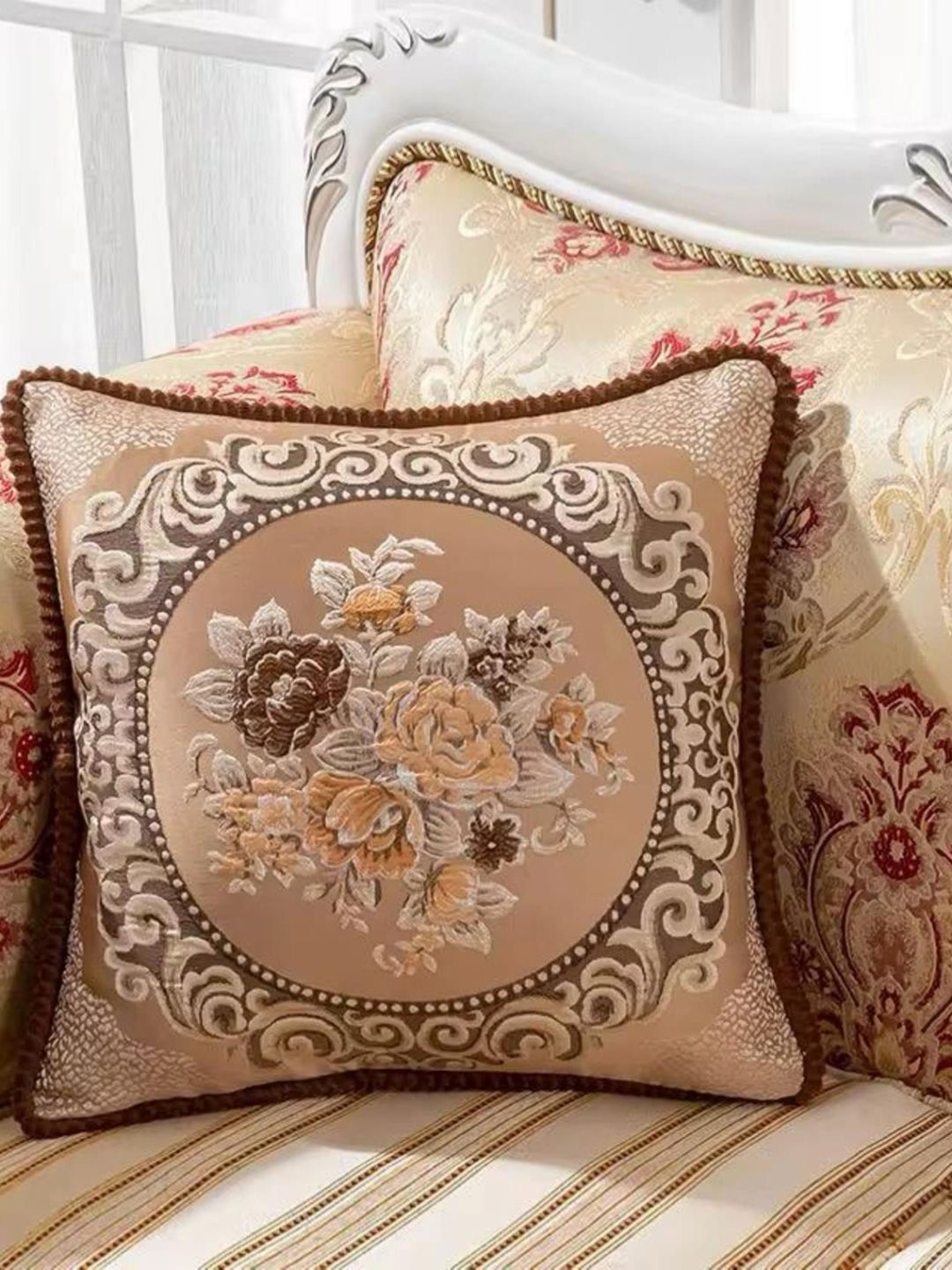 MONKDECOR Brown & Off White Floral Embroidered Square Cushion Cover-picture-57