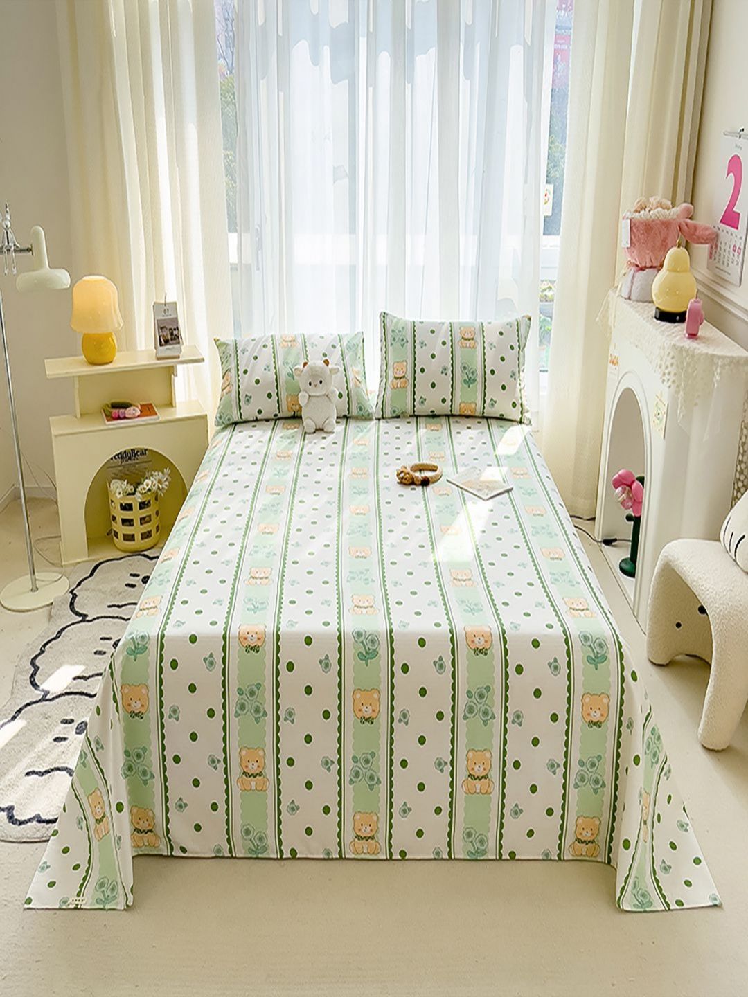 JC HOME White & Green Cartoon Characters 140 TC King Bedsheet Set 2.5 m x 2.45 m-picture-39