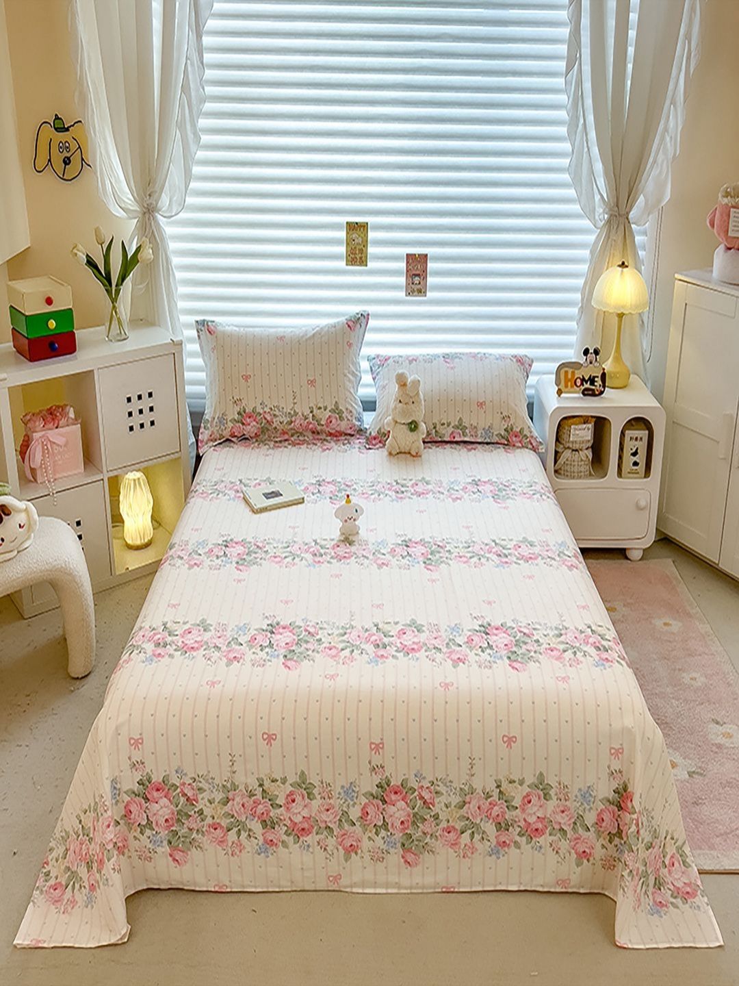 JC HOME White & Pink Floral PrintedCotton 220 TC King BedsheetSet 2.43m x 2.64m-picture-16