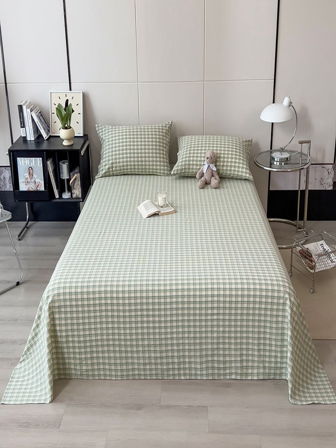 JC HOME Green Checked Pure Cotton 220 TC Single Bedsheet Set 1.60 m x 2.30 m-picture-34