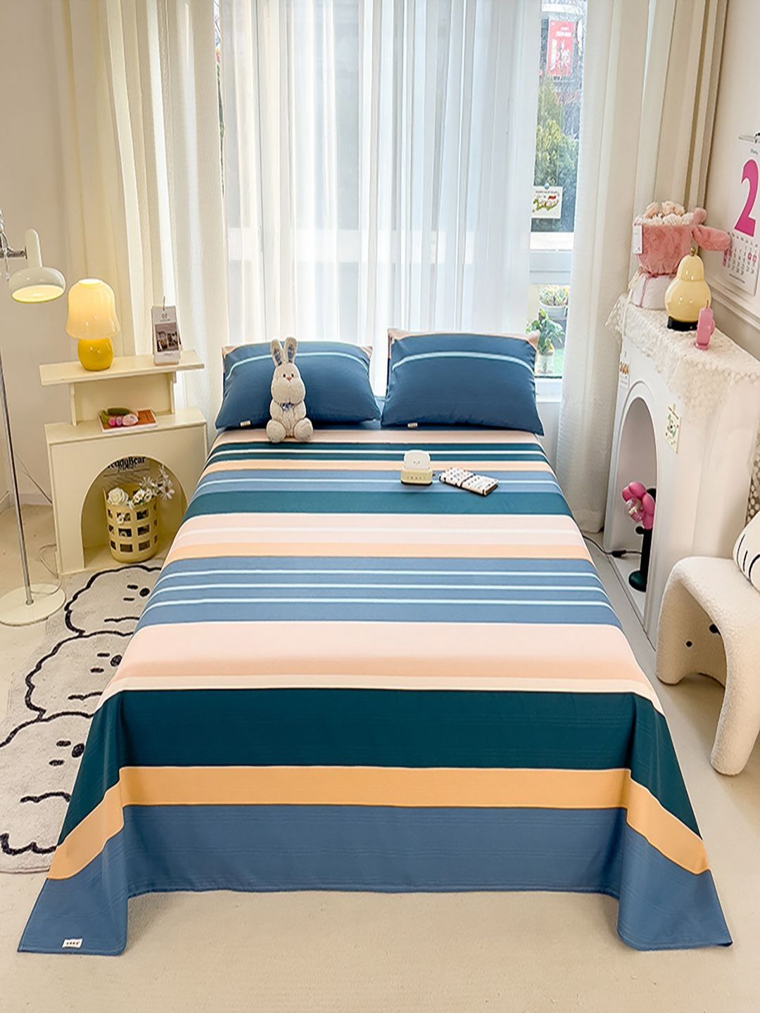 JC HOME Blue & Peach-Coloured Striped 140 TC King Bedsheet Set 2.45m x 2.00m-picture-27