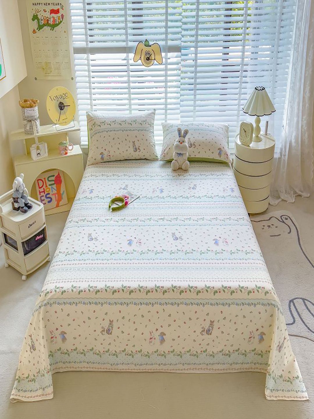 JC HOME White & Green Floral Printed Cotton 220 TC Queen BedsheetSet 2.43m x 2.64m-picture-19