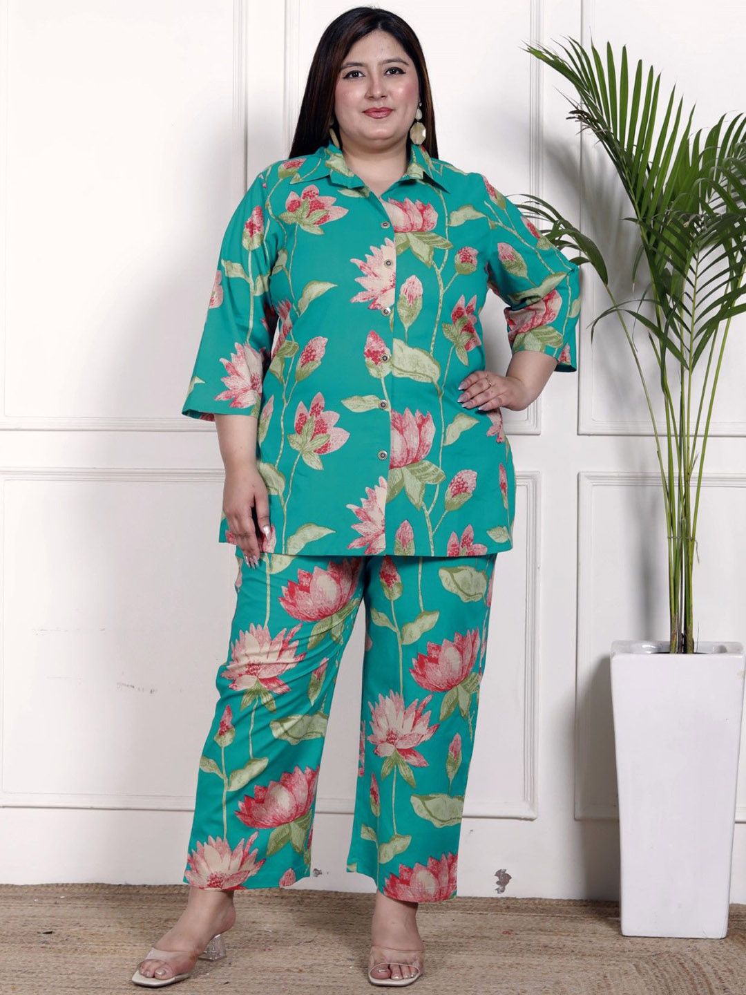 KALINI Plus Size Floral Printed Shirt Collar Pure Cotton Shirt With Trousers-picture-22