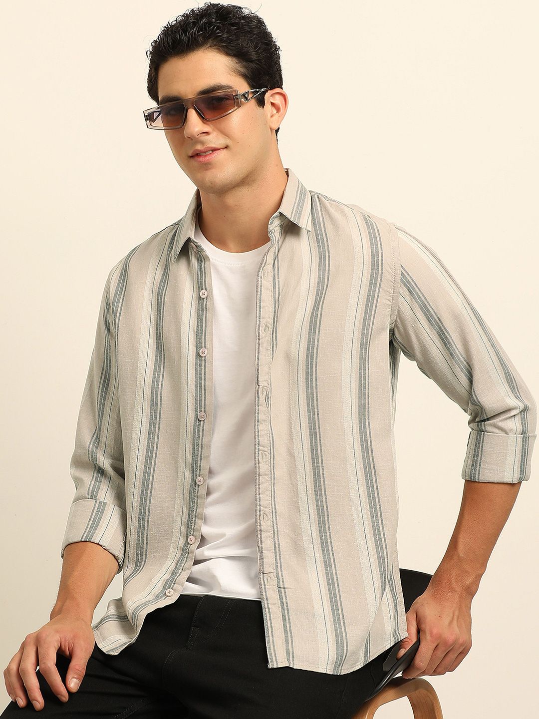 Bushirt Men Classic Fit Spread Collar Vertical Striped Cotton Casual Shirt-picture-25