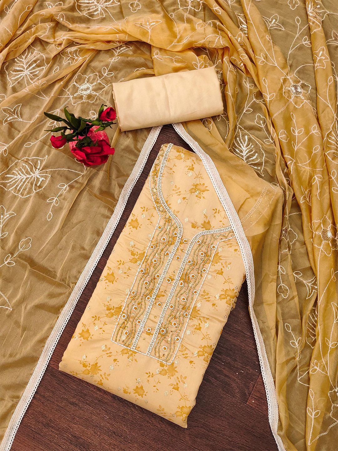 SHADOW & SAINING Floral Printed Beads and Stones Cotton Jacquard Unstitched Dress Material-picture-27