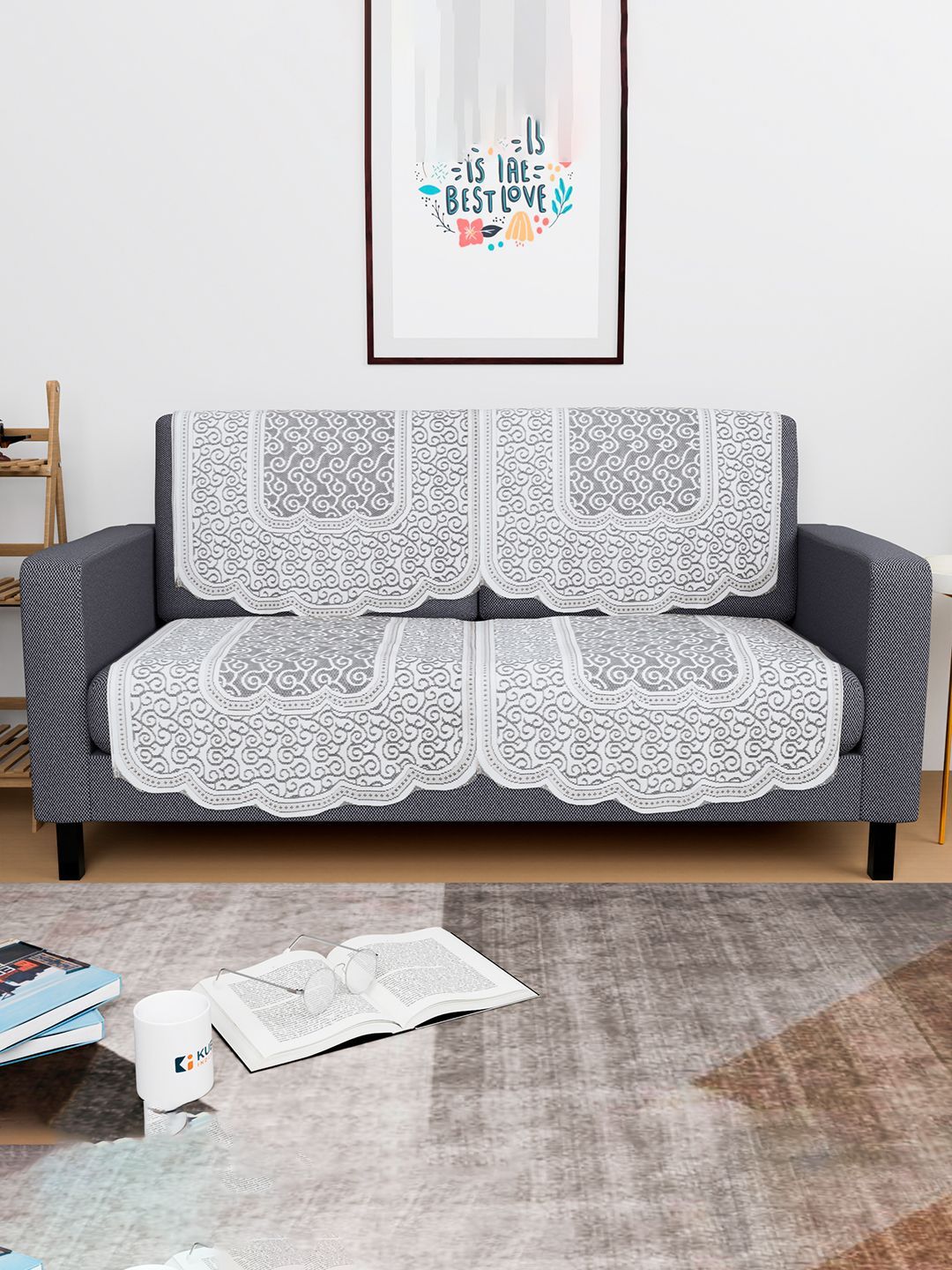 Kuber Industries White 4 Pieces Floral Self Design 2 Seater Cotton Sofa Covers-picture-37