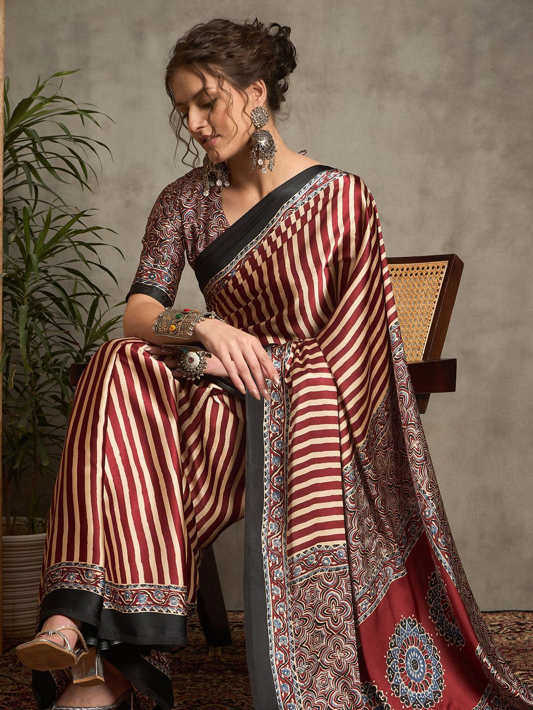Anouk Striped Pure Crepe Block Print Saree-image-1