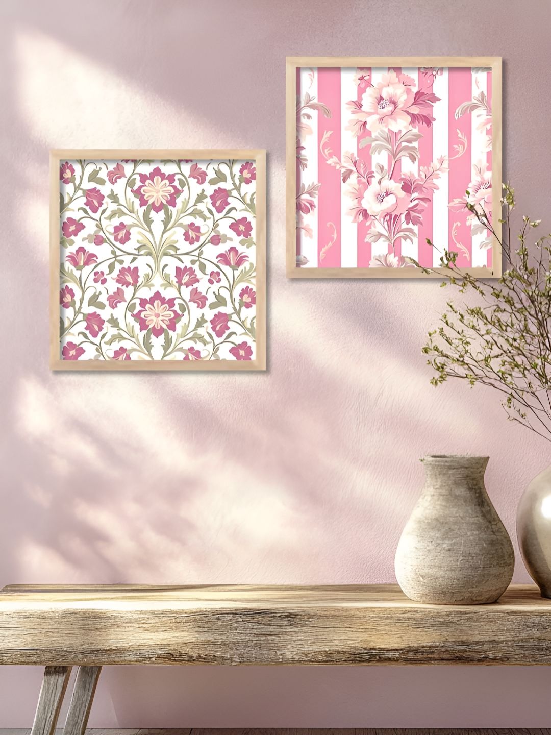 Kotart White & Pink 2 Pieces Floral And Botanical Printed Wooden Wall Art-picture-35