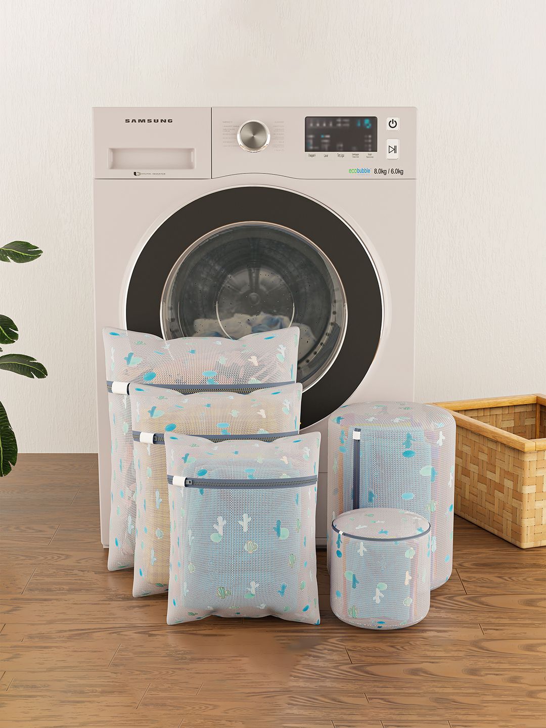 Kuber Industries White & Blue 6 Pieces Cactus Printed Reusable Laundry Bags With Zipper-picture-36