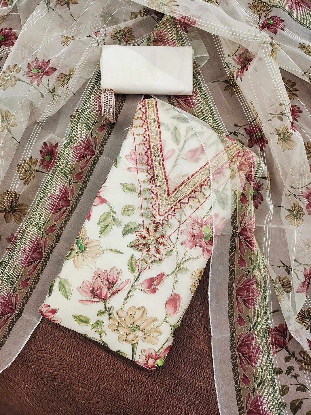 SHADOW & SAINING Floral Printed Sequinned Organza Unstitched Dress Material-picture-12