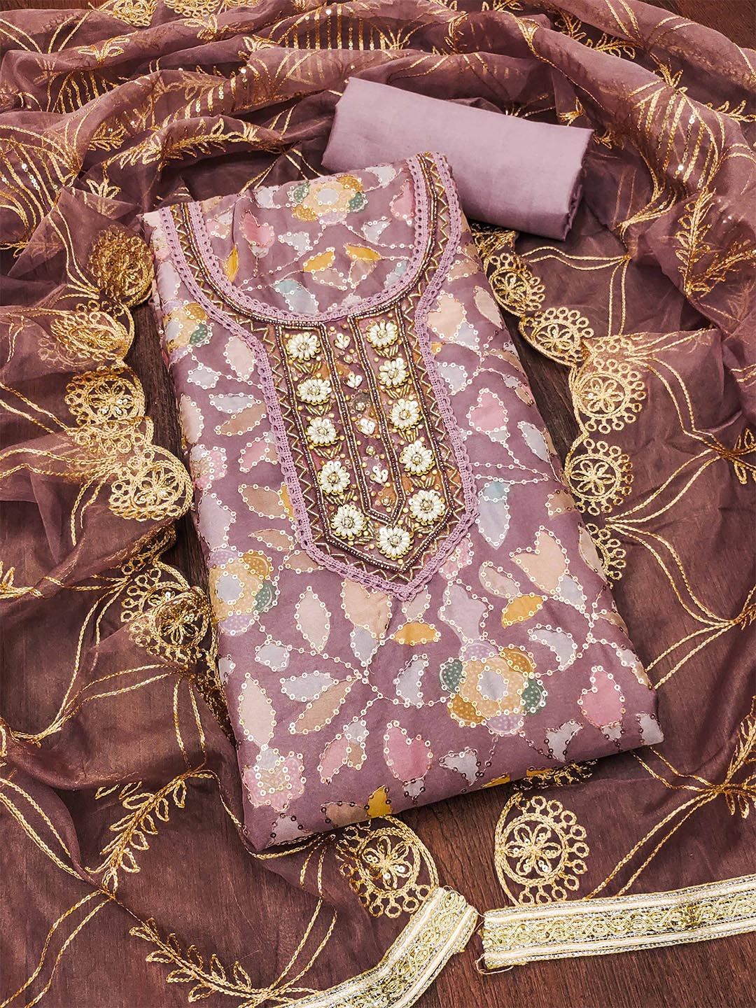 SHADOW & SAINING Floral Embroidered Sequinned Organza Semi-Stitched Dress Material-picture-20