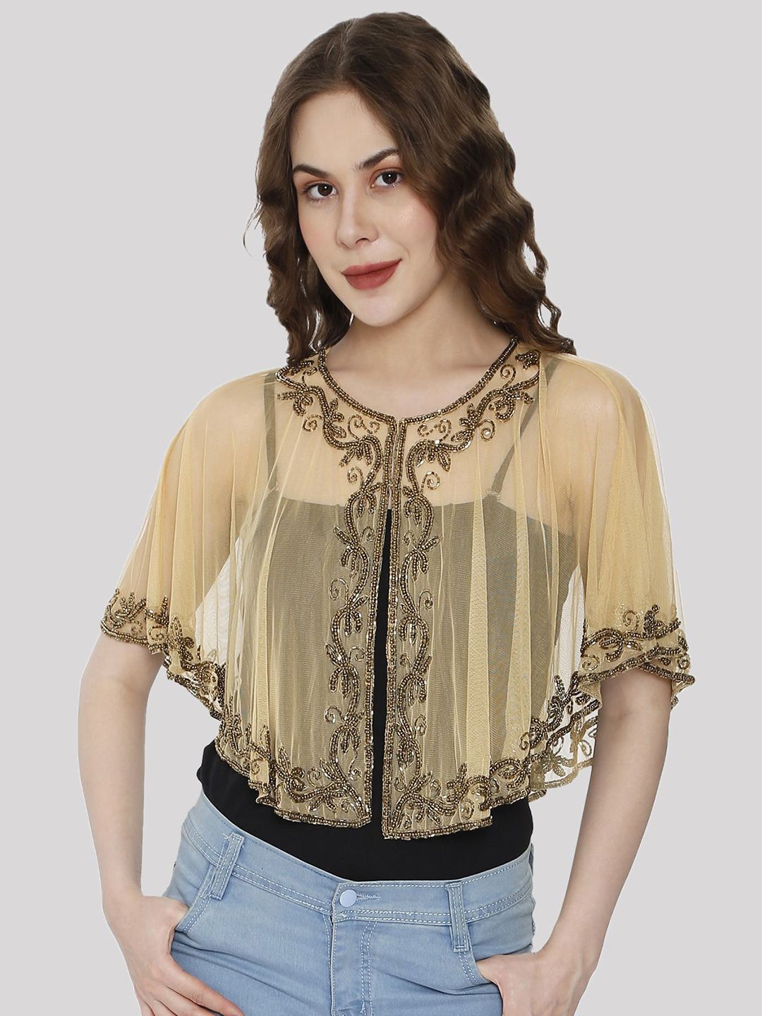 HAUTEMODA Beads Embroidered Poncho Cape Net Shrug-picture-21
