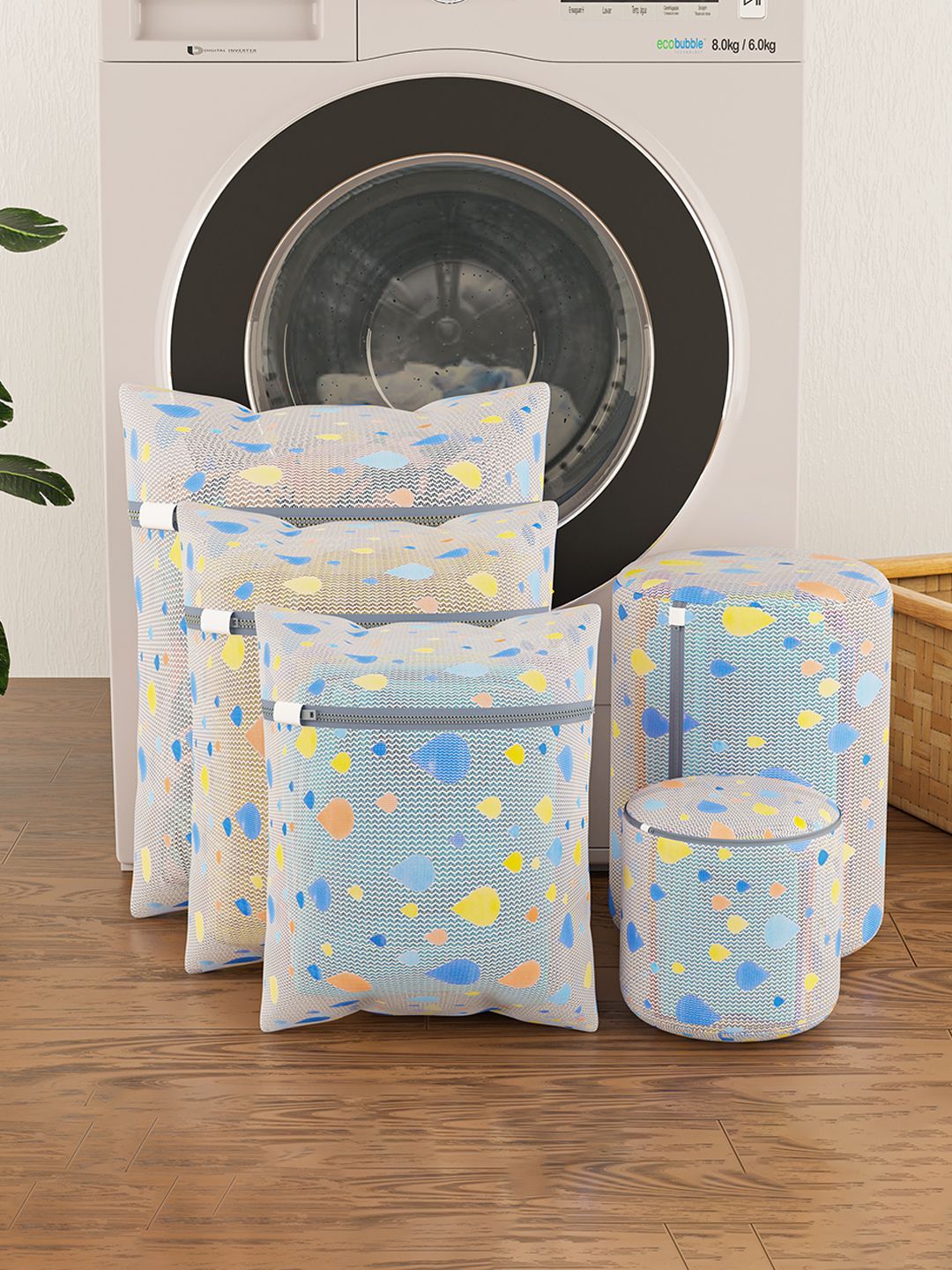 Kuber Industries White & Blue 6 Pieces Drop Printed Reusable Laundry Bags With Zipper-picture-34