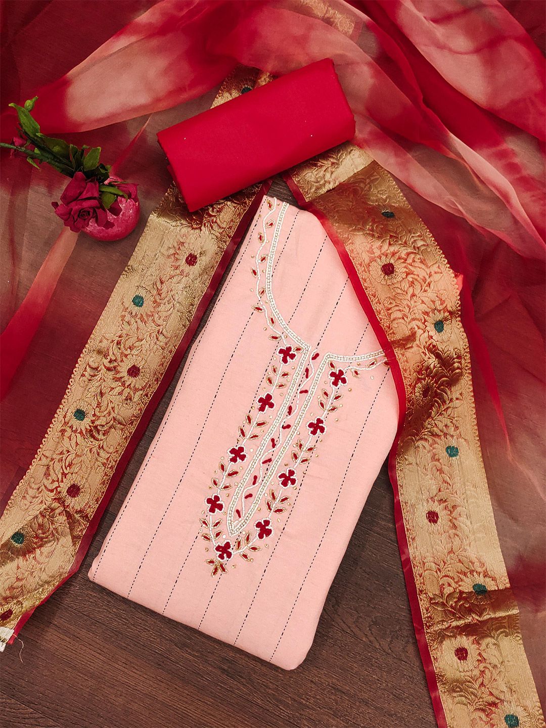 SHADOW & SAINING Floral Woven Design Beads & Stones Cotton Semi-Stitched Dress Material-picture-11