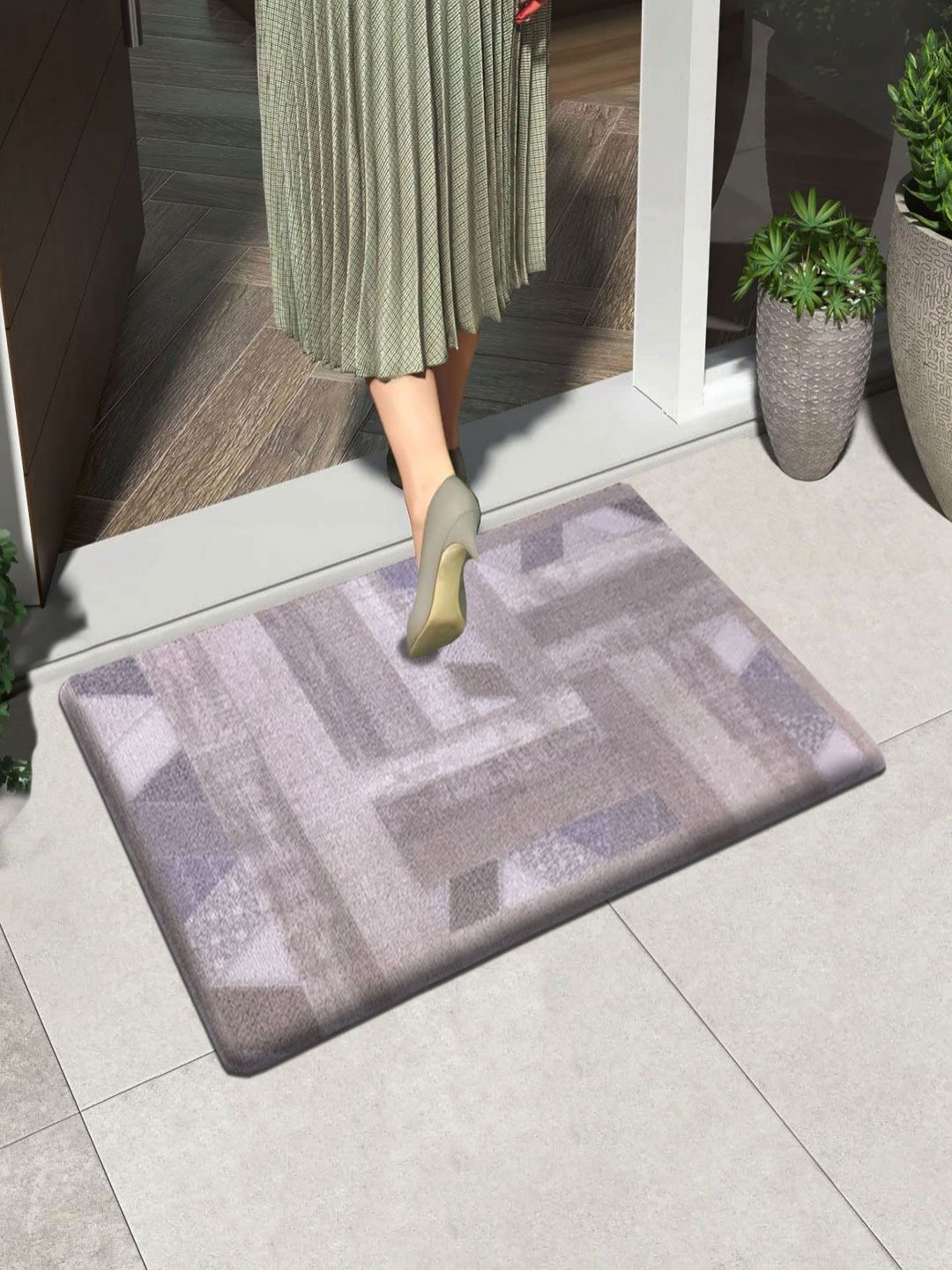 LUXEHOME INTERNATIONAL Grey Melange & White Printed Anti-Skid Doormat-image-49