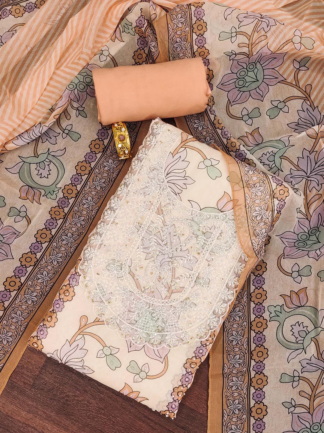 SHADOW & SAINING Floral Printed Sequinned Organza Unstitched Dress Material-picture-23