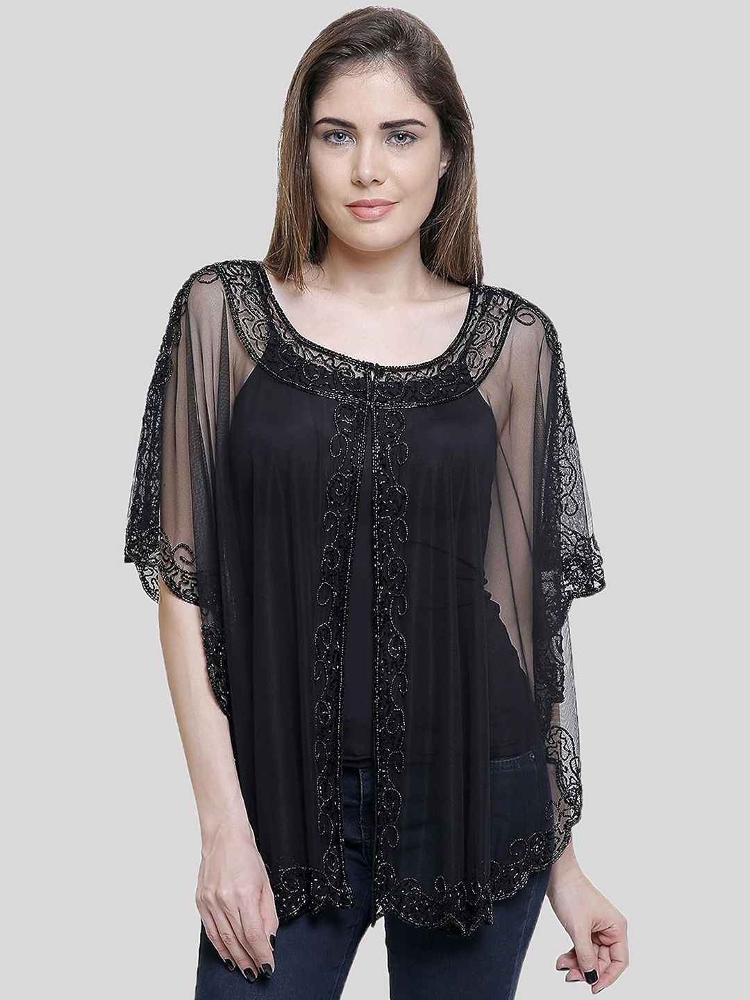 HAUTEMODA Beads Embroidered Poncho Cape Net Shrug-picture-15