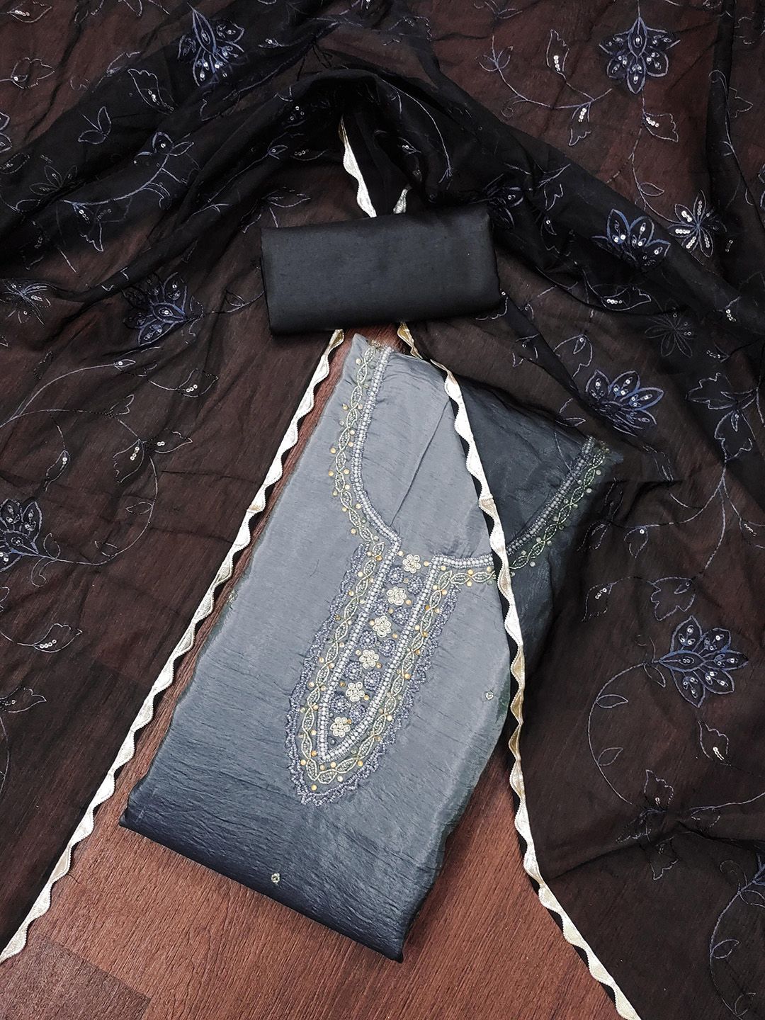 SHADOW & SAINING Floral Embroidered Beads and Stones Pure Silk Unstitched Dress Material-picture-22