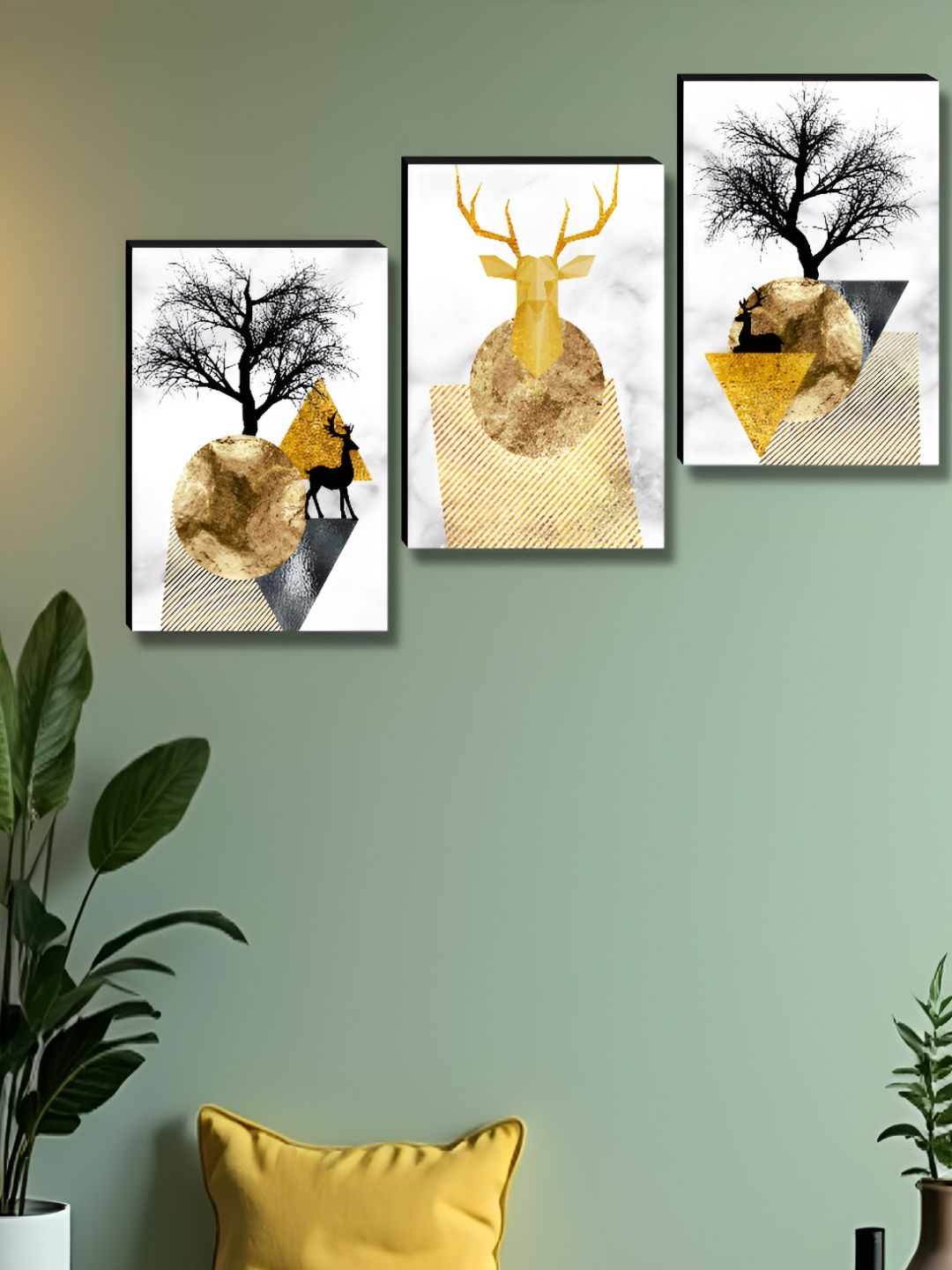 Myntra Elegant Homes Gold-Toned & Black 3 Pieces Deer & Trees Birds and Animals Wall Art-picture-14