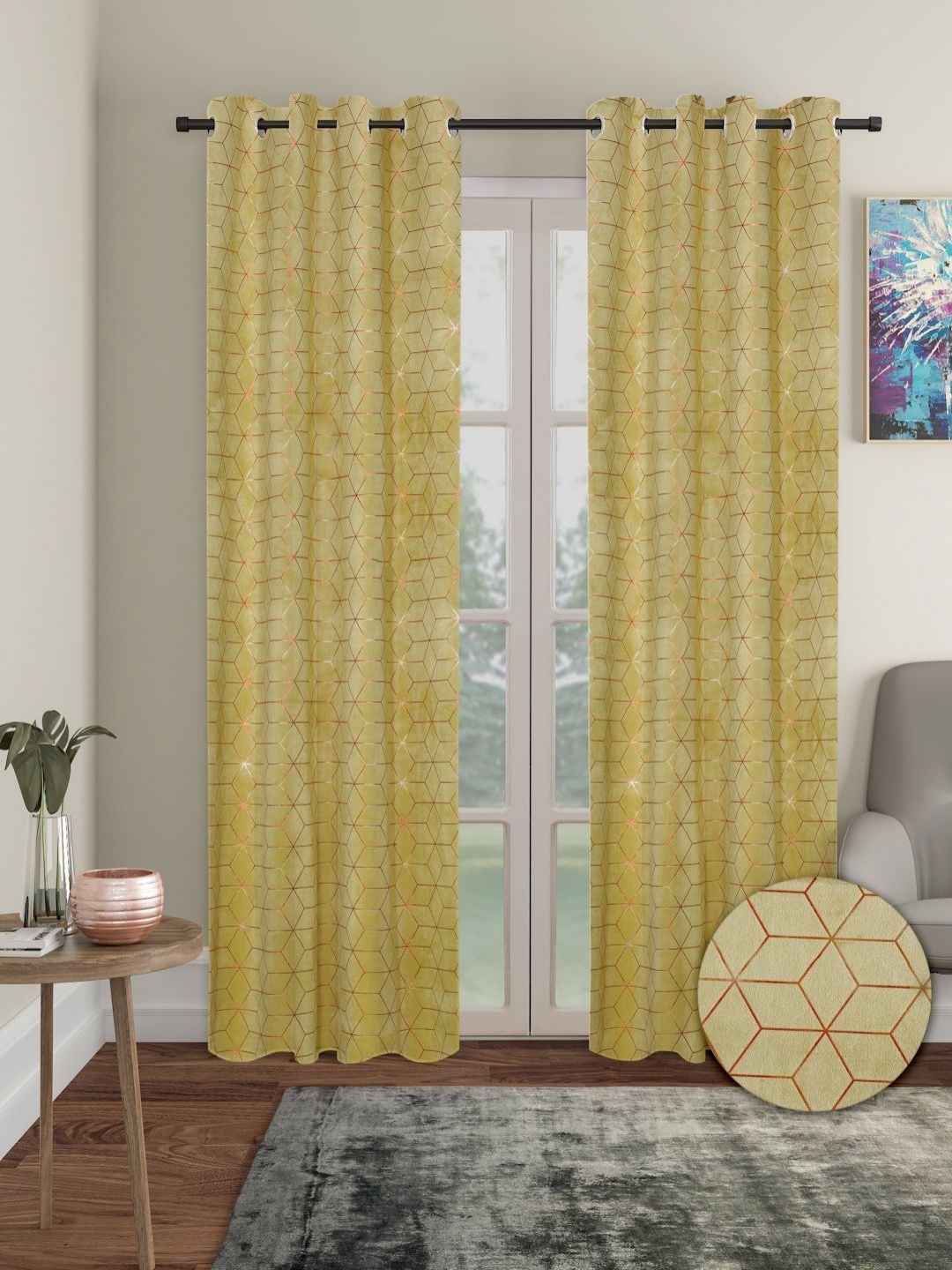 Myntra Elegant Homes Mustard & Rust Set of 2 Geometric Long Door Curtain-image-31