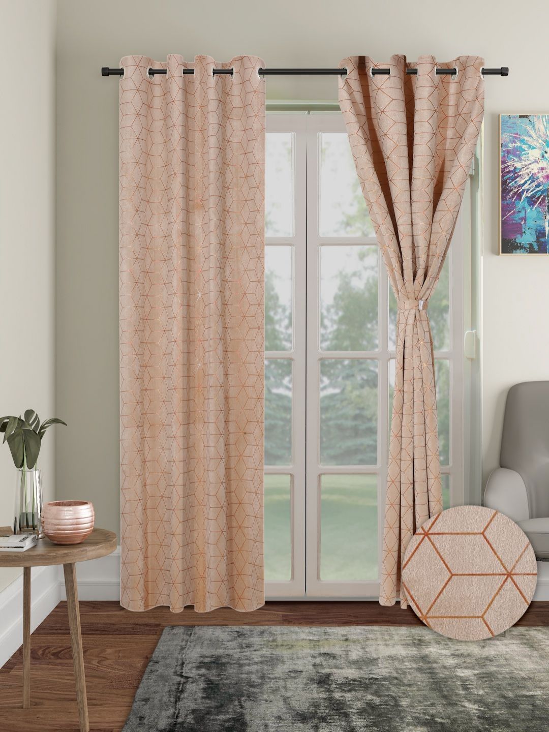 Myntra Elegant Homes Beige & Gold-Toned Set of 2 Geometric Long Door Curtain-image-34