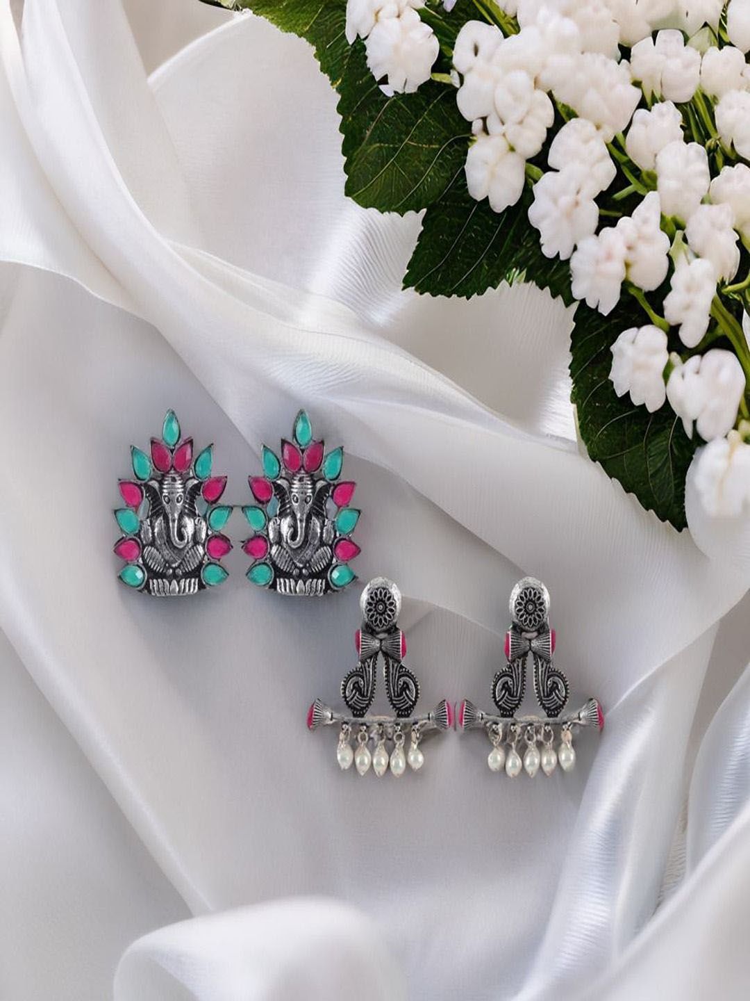 Sangria Set Of 2 Silver Plated Stone Studded Ganesh & Peacock Stud Earrings-picture-14