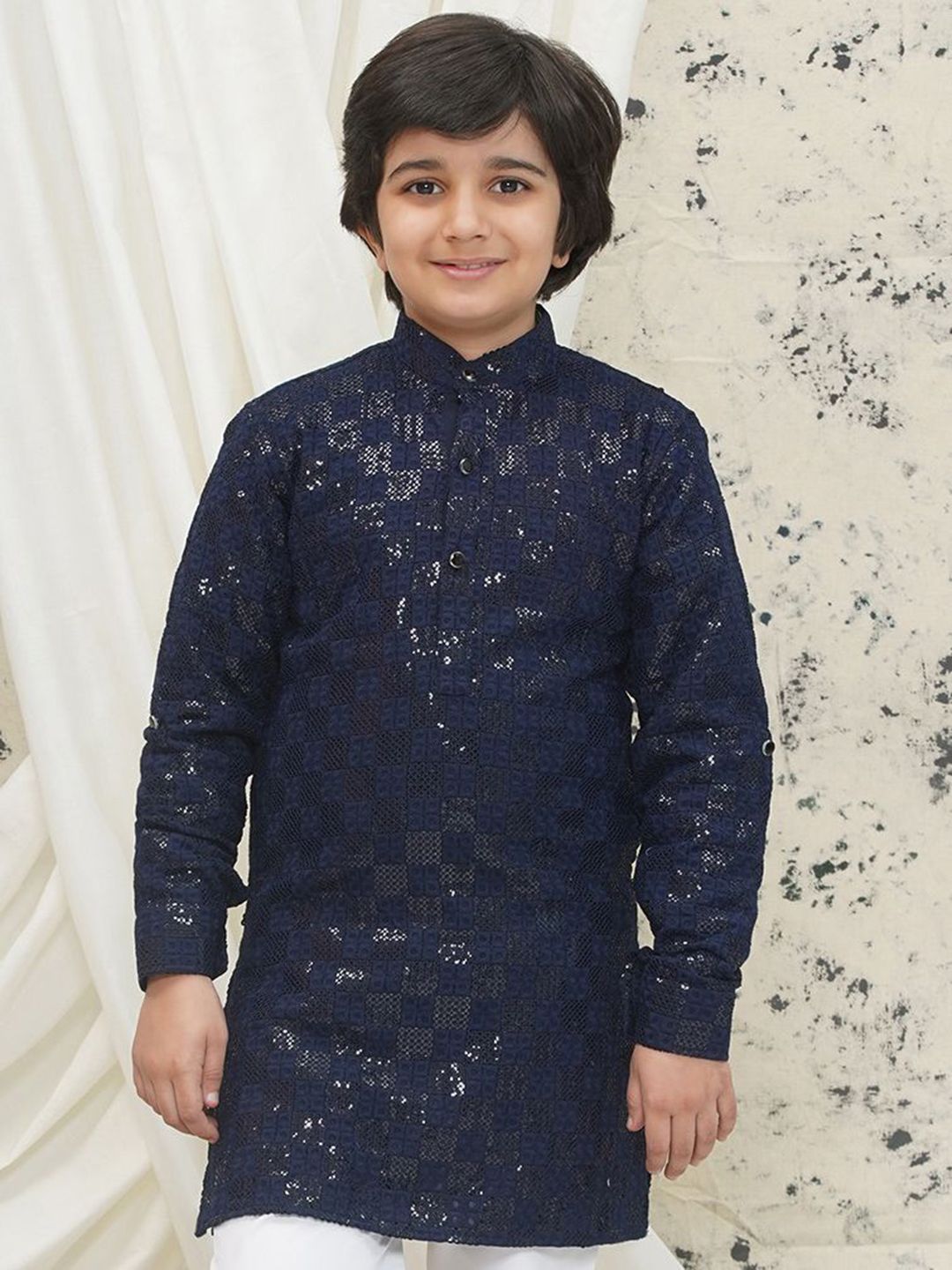 Aj DEZInES Boys Geometric Embroidered Band Collar Chikankari Sequinned Straight Kurta-picture-29