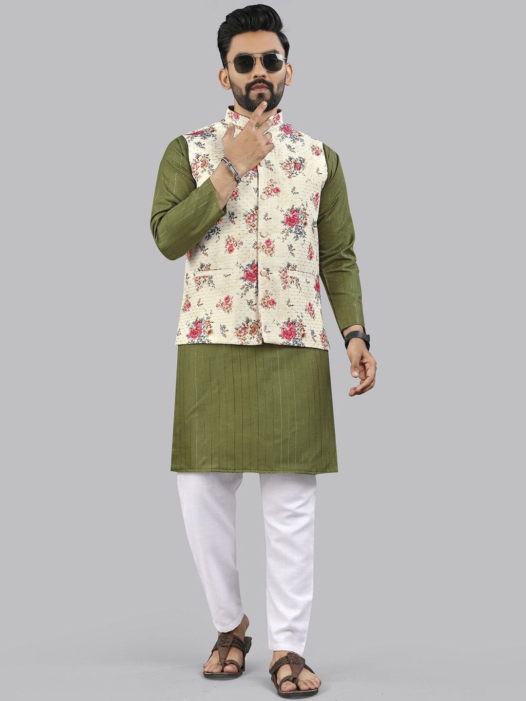 WELL TEX Striped Mandarin Collar Jacquard Weave Straight Kurta with Pyjamas & Nehru jacket-picture-26