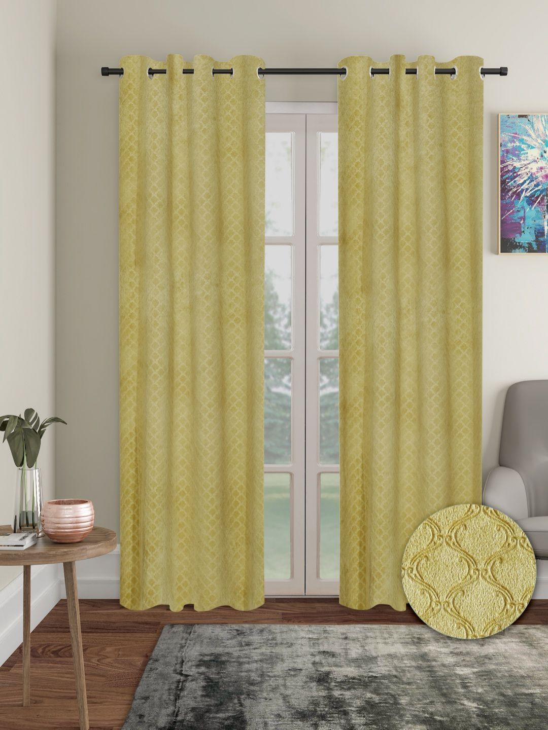 Myntra Elegant Homes Mustard 2 Pieces Velvet Solid Long Door Curtain-image-1