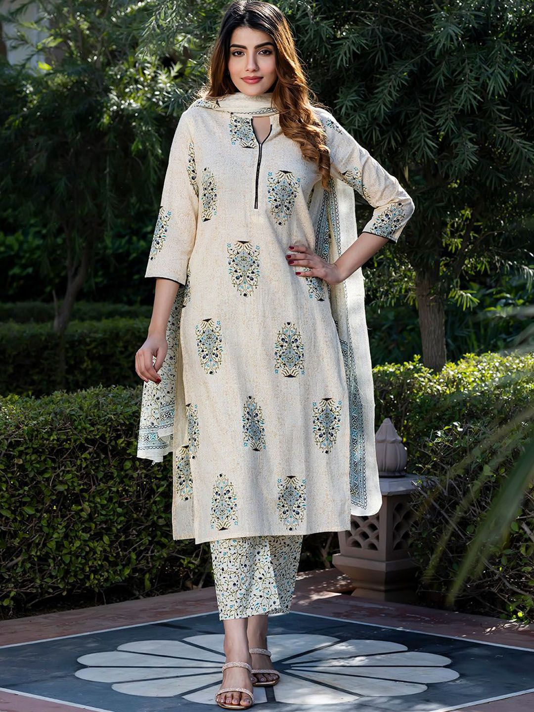 KALINI Floral Printed Notch-Neck Straight Pure Cotton Kurta With Trousers And Dupatta