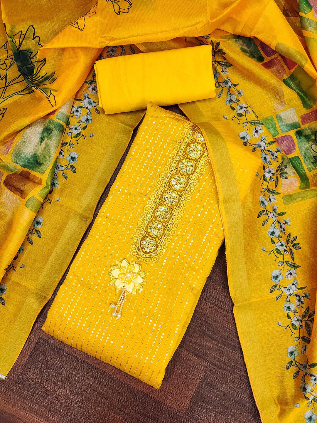 SHADOW & SAINING Floral Sequinned Embroidered Pure Silk Semi-Stitched Dress Material-picture-18