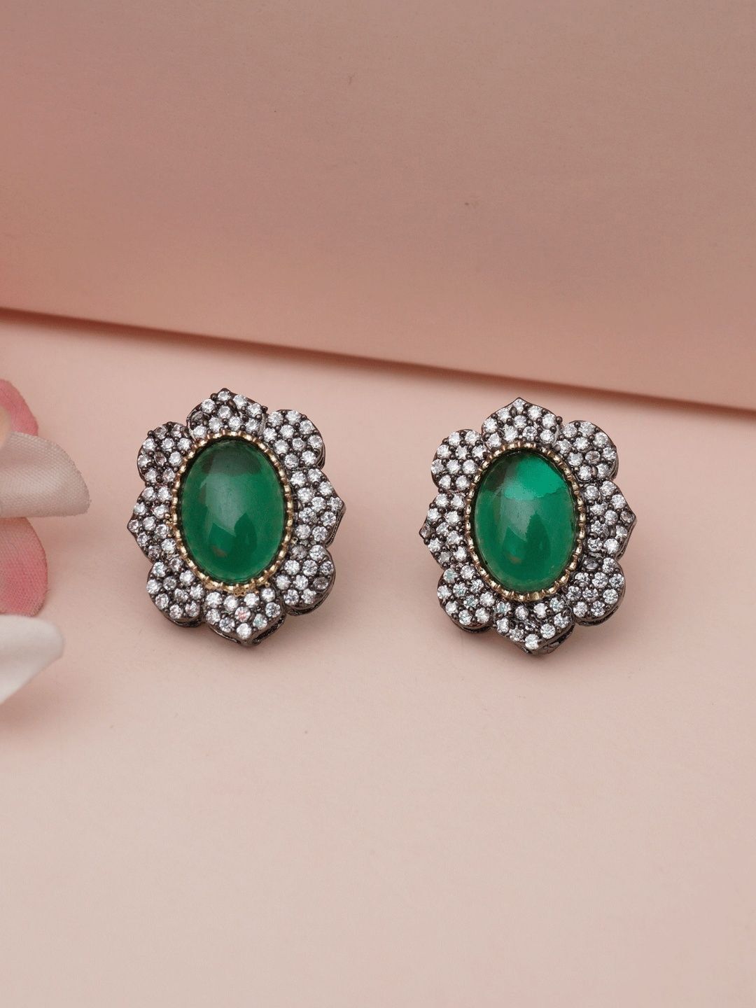 Niscka Gold-Plated Cubic Zirconia Studded Contemporary Shaped Studs-picture-36