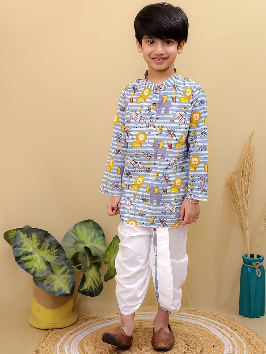 Superminis Boys Printed Pure Cotton Band Collar Straight Kurta With Dhoti Pants-picture-15