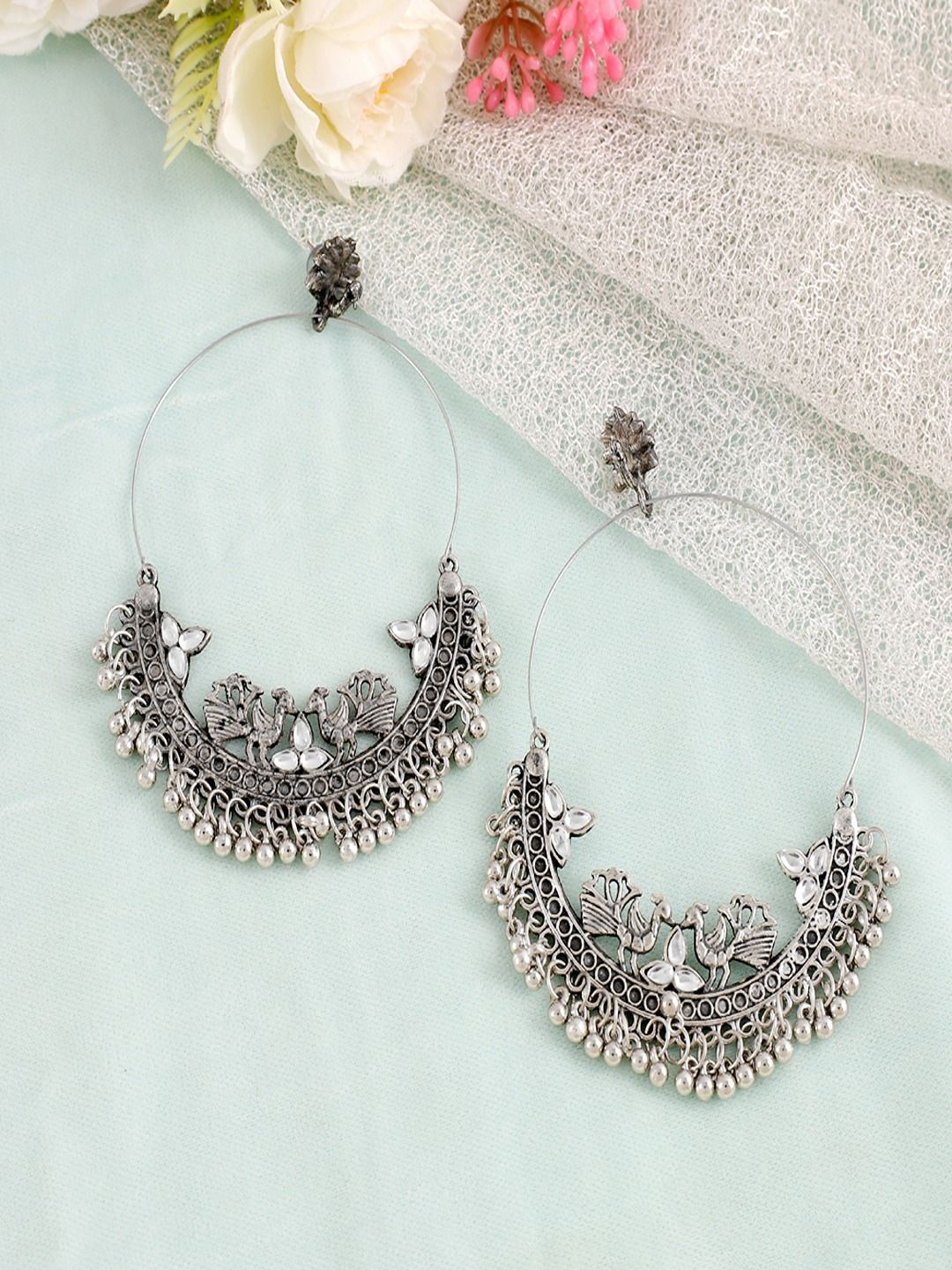 Sangria Silver Plated Artificial Stone Studded & Beaded Peacock Dangle Hoop Earrings-picture-39