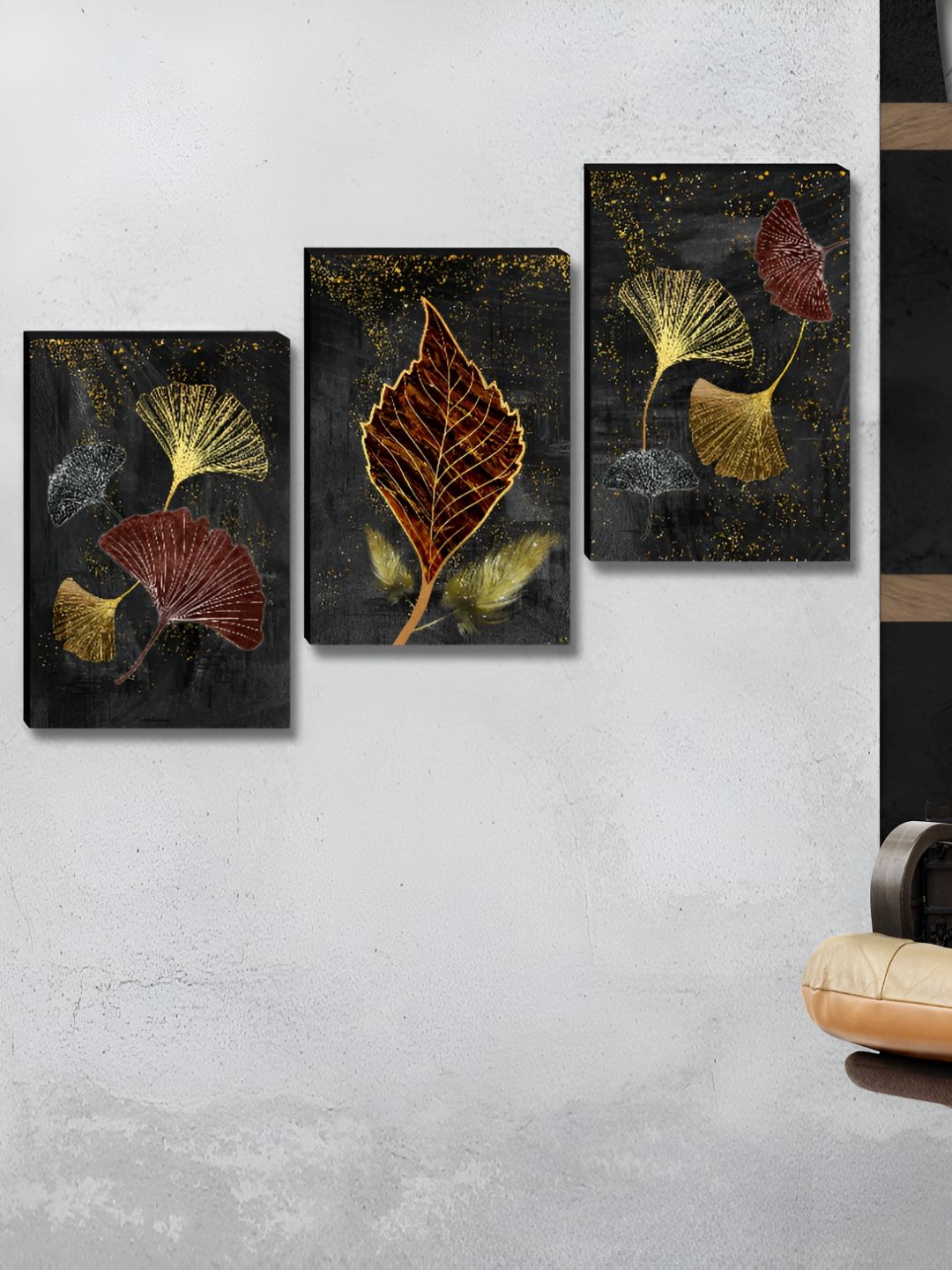 Myntra Elegant Homes Navy Blue & Gold-Toned 3 Pieces Leaf Floral and Botanical Wall Art-picture-20