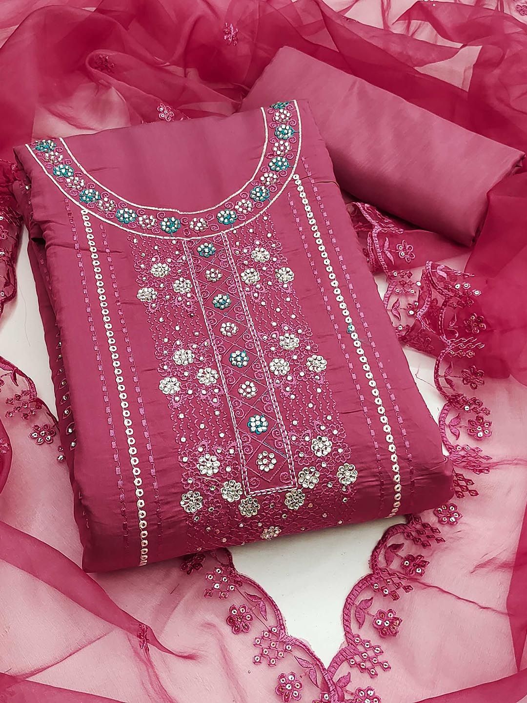 SHADOW & SAINING Floral Embroidered Sequinned Pure Silk Unstitched Dress Material-picture-35