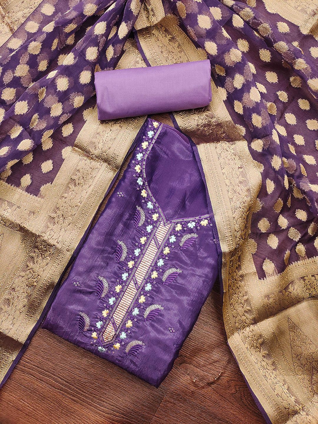 SHADOW & SAINING Floral Sequinned Embroidered Pure Silk Semi-Stitched Dress Material-picture-20