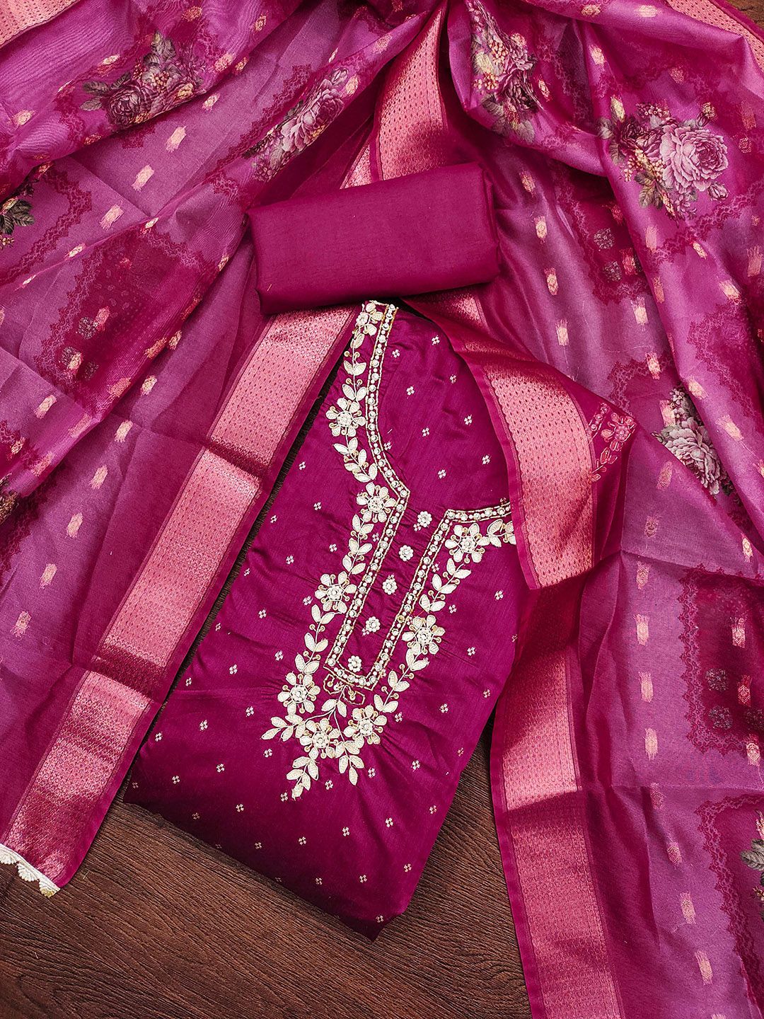 SHADOW & SAINING Floral Woven Design Beads And Stones Semi-Stitched Dress Material-picture-36