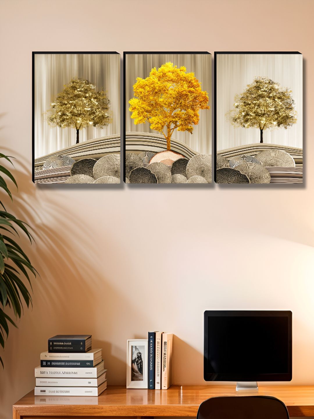 Myntra Elegant Homes Yellow & Green 3 Pieces Tree Floral and Botanical Wall Art-picture-11