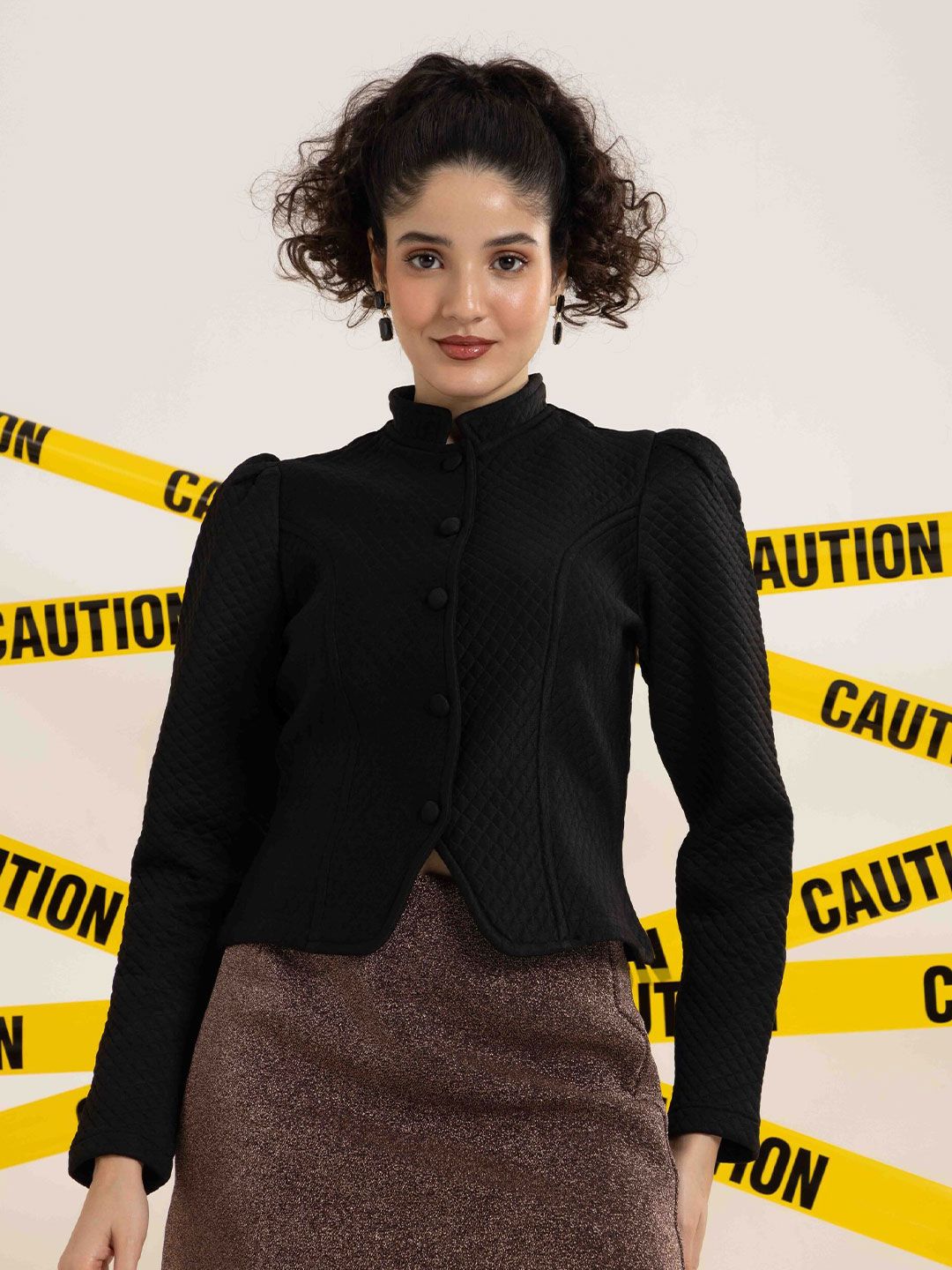 TANDUL Textured High Neck Puff Sleeves Blazers-picture-52