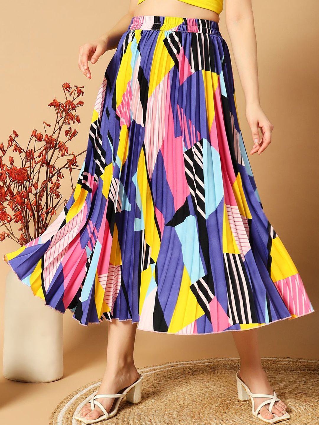 OTABU Abstract Printed Accordion Pleated A-Line Midi Skirt-picture-17