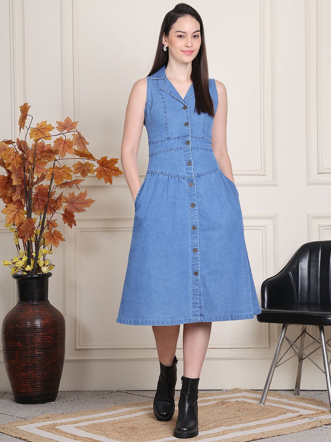 Puella Women Denim Shirt Collar A-Line Dress-image-44
