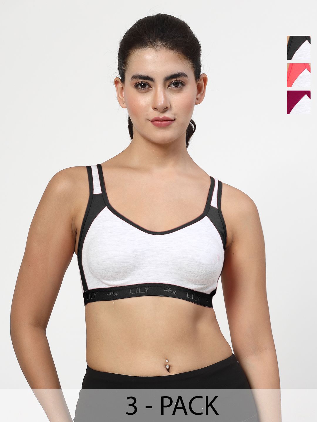 LILY Pack Of 3 Colourblocked Full Coverage Non Padded Seamless Sports Bra-picture-35