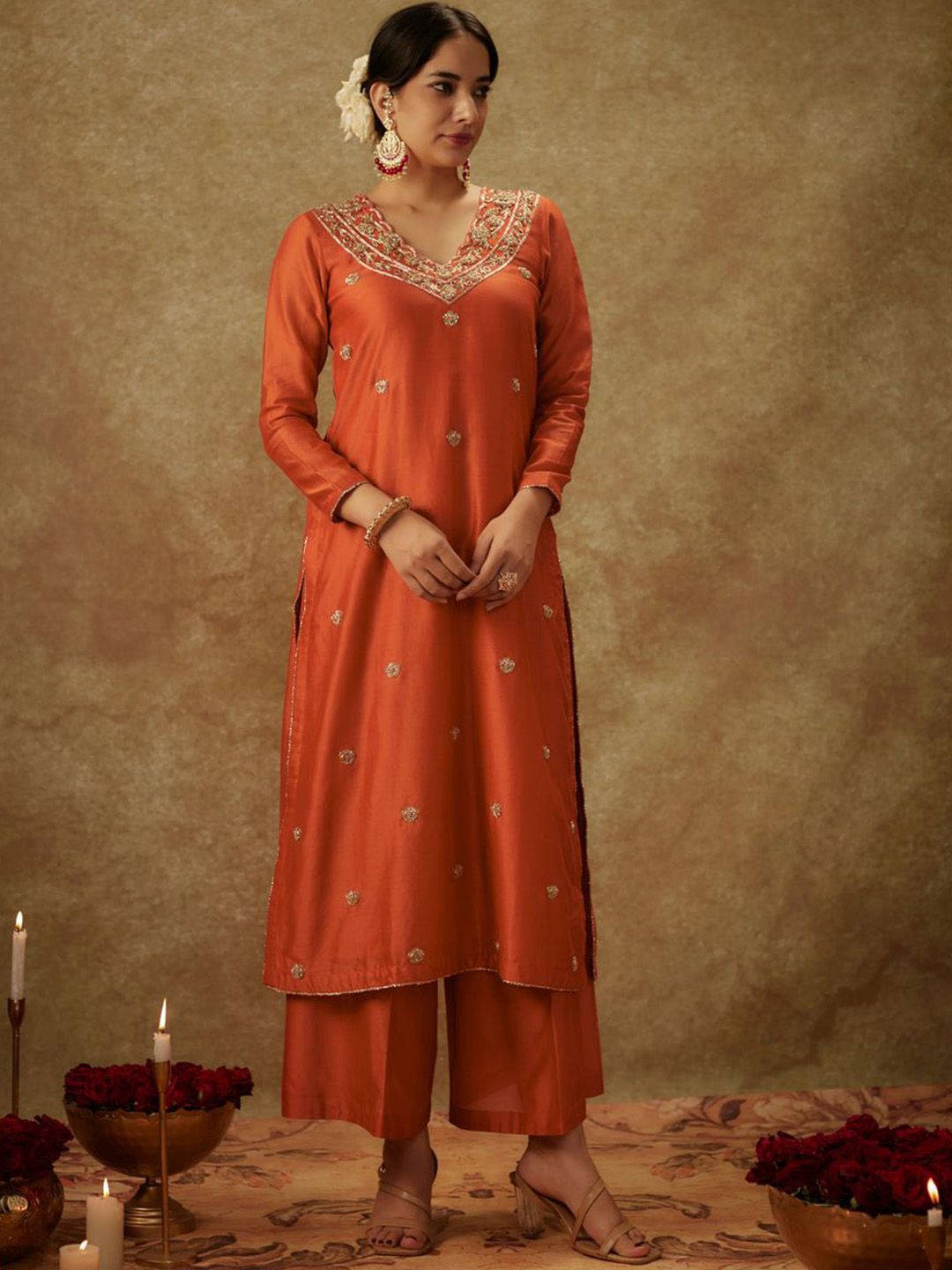 Peach Embroidered Chinon Straight Kurta Palazzos With Dupatta