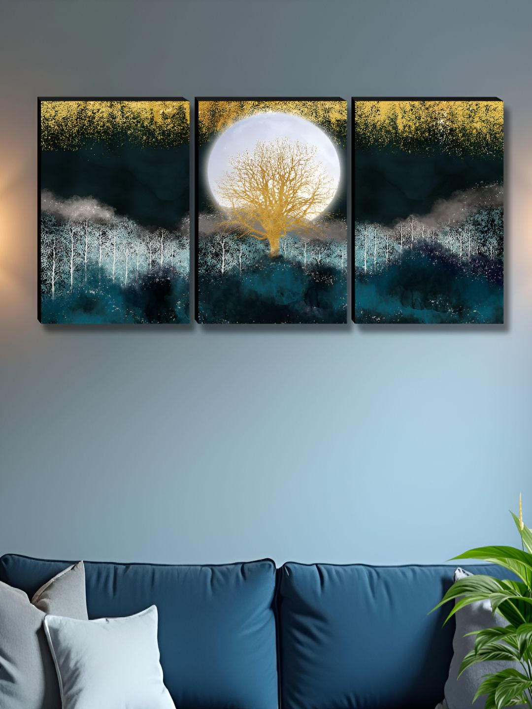Myntra Elegant Homes Yellow & Blue 3 Pieces Tree & Moon Printed Wall Arts-picture-35
