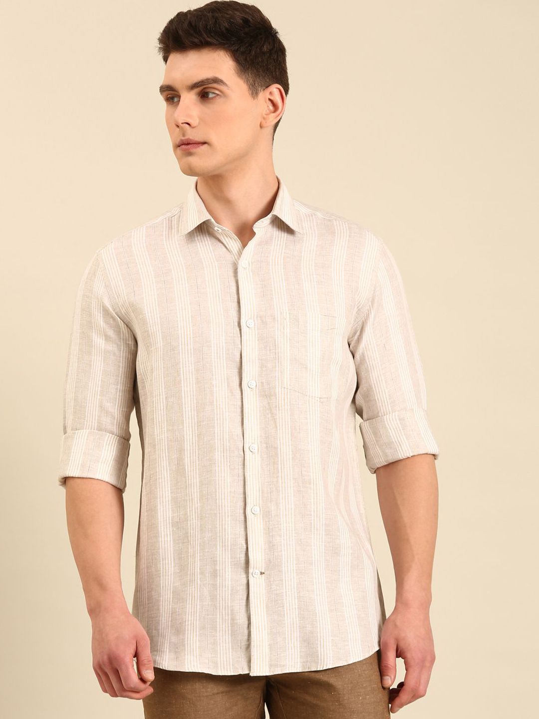 Linen Club Contemporary Slim Fit Striped Spread Collar Pure Linen Casual Shirt-picture-36