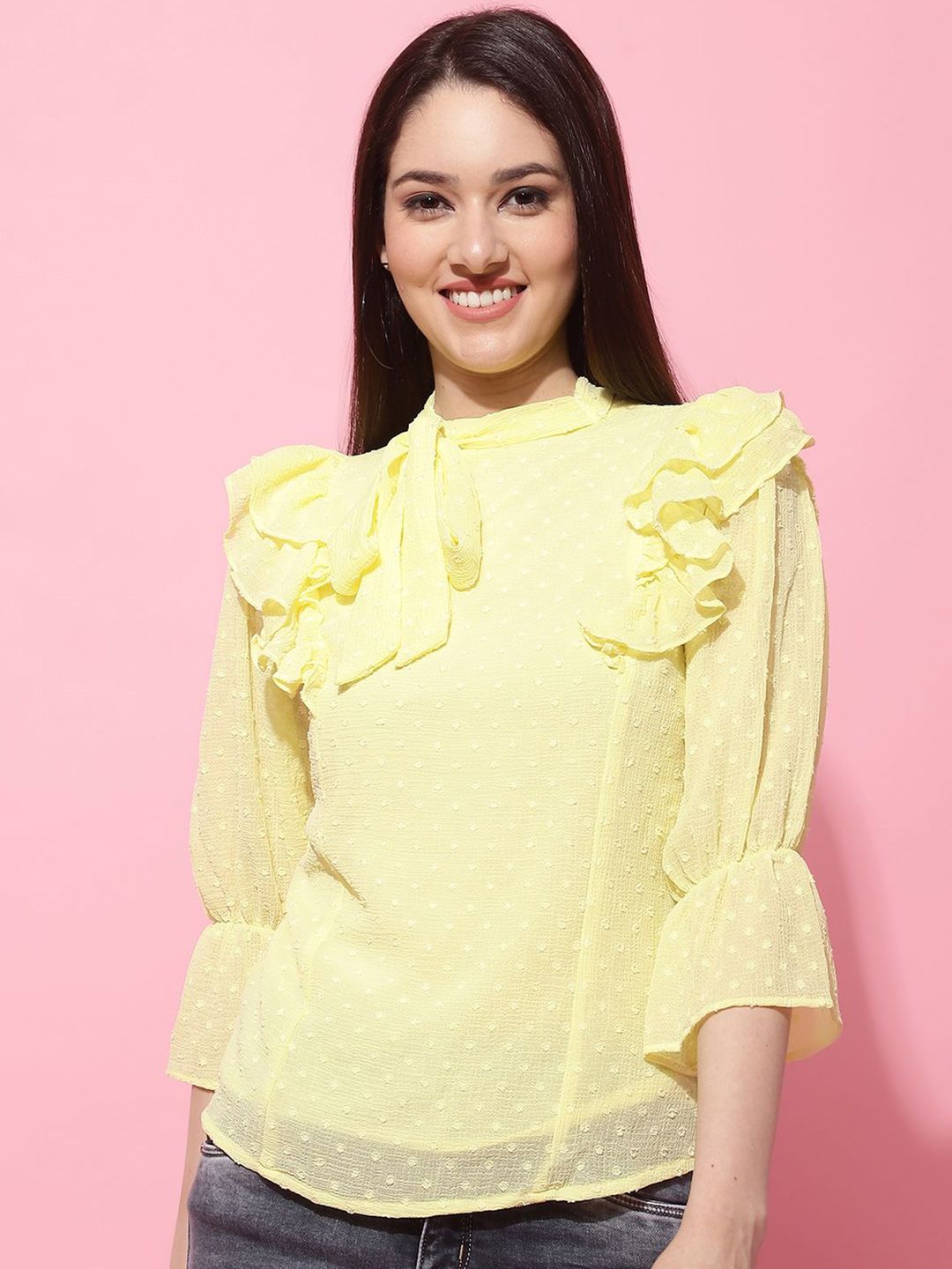 JAKANARY Tie-Up Neck Ruffles Georgette Top-picture-38